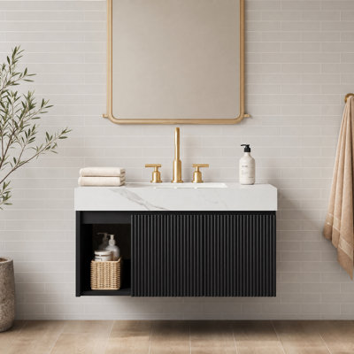 36" Black Floating Single Bathroom Vanity, Wall‑Mount Fluted Cabinet with Sintered Stone Countertop & Ceramic Sink