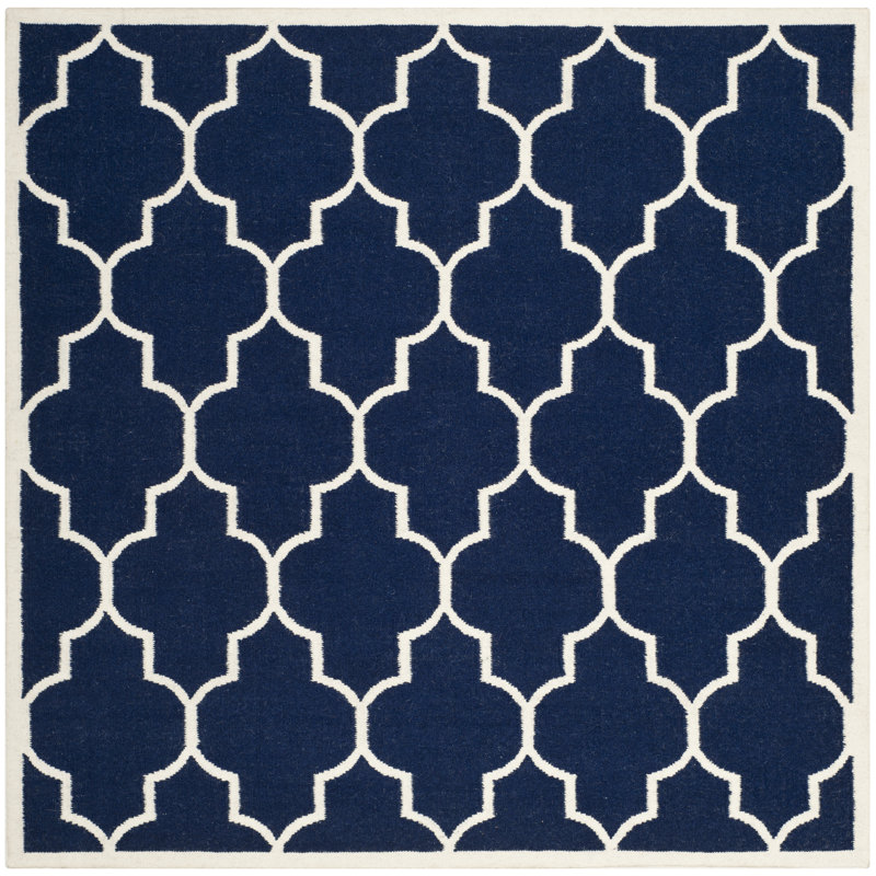 Emek Hand Woven Flat Weave Wool/Cotton Geometric Rug in Blue, Square 6'