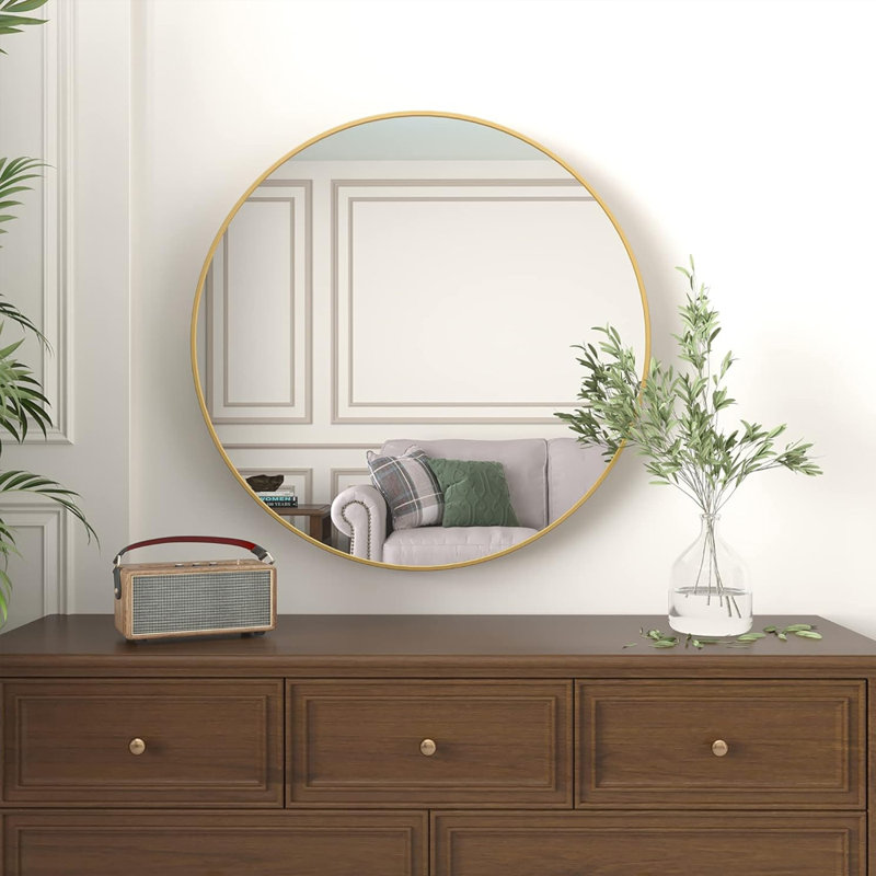 Round Wall Mirror with Metal Frame, 32" x 32", Gold