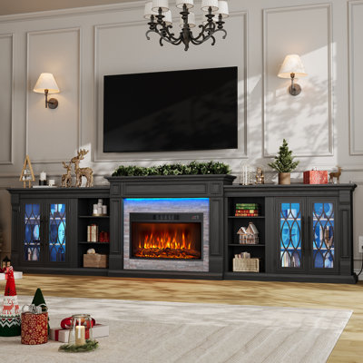 Meuble télé modulaire de 343 cm avec foyer intégré, centre de divertissement avec éclairage DEL, prises électriques, bibliothèque ouverte et rangements, grande console multimédia avec foyer électrique de 76 cm à flammes colorées, noir
