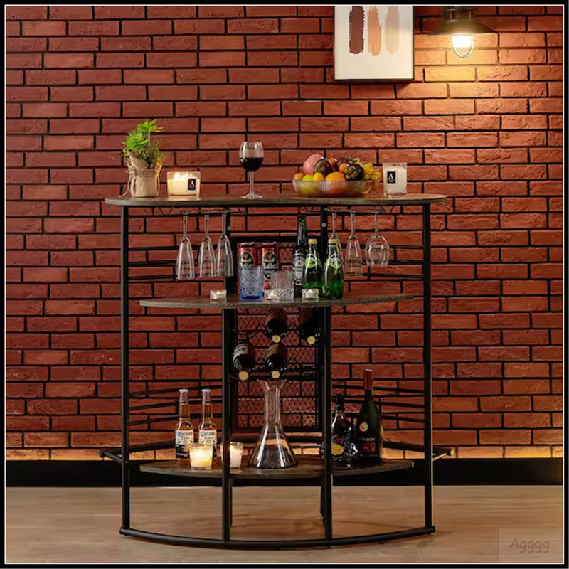 Table de bar ovale avec comptoir en bois et rangement pour bouteilles de vin, support à boulanger pour salle à manger, brun
