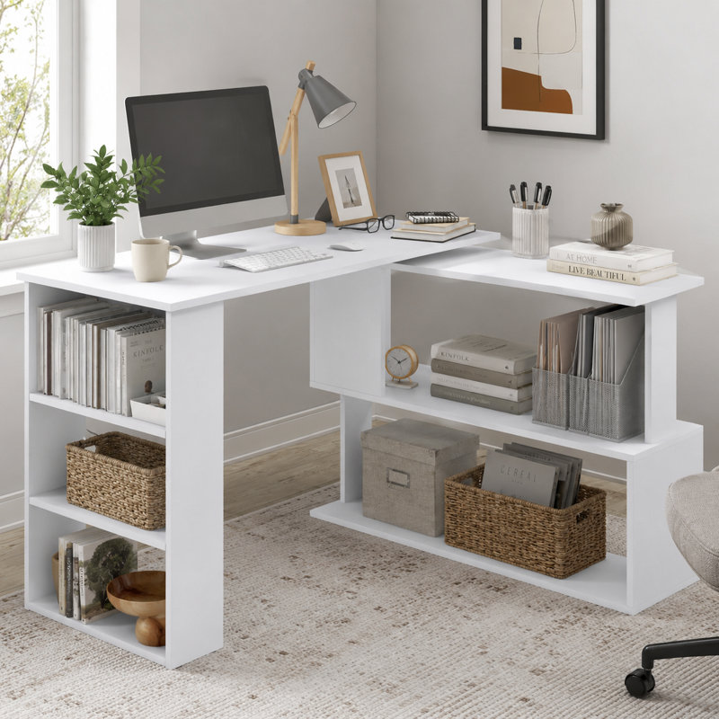 Poste de travail rotatif blanc en forme de L, bureau transformable flexible à 360 ° avec rangement et étagères multicouches, bureau d'étude à domicile