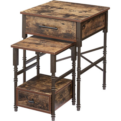 Nesting End Tables with Drawers, Metal Frame & Wooden Top, Stackable Small & Large Side Tables for Living Room, Bedroom, Sofa Side (Brown)