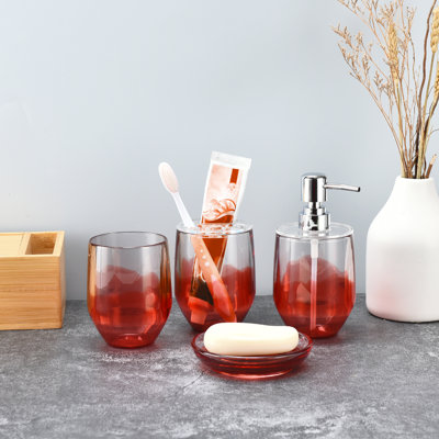Ensemble de 4 accessoires de meuble-lavabo de salle de bain de style moderne - distributeur de savon, porte-brosse à dents, porte-savon, gobelet en couleur rouge