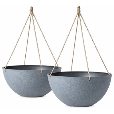 Large Weathered Gray Hanging Planters 13.2 Inch Sef of 2