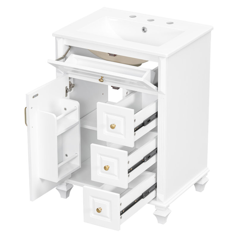 Ensemble de meuble-lavabo autoportant 24 po, armoire en bois d'hévéa et panneau de fibres à densité moyenne avec plateau en céramique, 4 tiroirs (blanc)