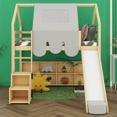 House Shaped Wood Loft Bed With Roof Frame,Tent, Slide, Underbed Storage Shelves And Ladder