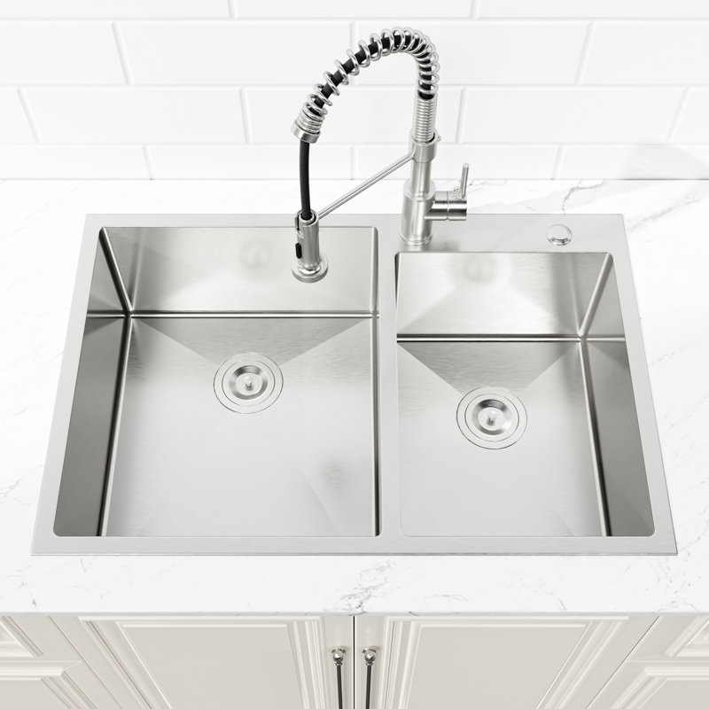Évier surdimensionné en acier inoxydable 33 po x 19 po - Double cuve, avec comptoir de cuisine à gestion efficace de l'eau, coins arrondis pour