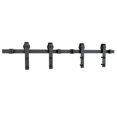 Black Solid Steel Sliding Barn Door Hardware Kit for Double Wood Doors w/ Routed Floor Guide