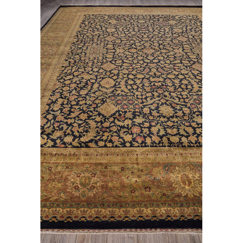 Hand-Knotted Black Floral Wool Rectangular Area Rug