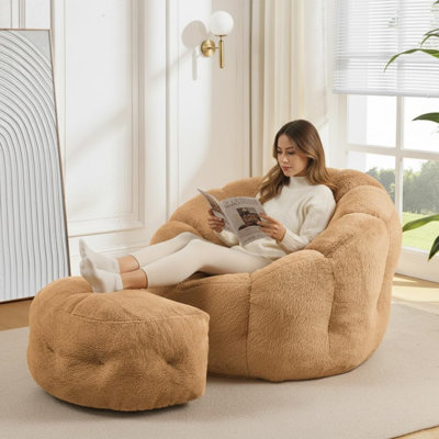 Wilder 46" Faux Rabbit Fur Bean Bag Chair & Ottoman - Luxurious Cozy Seating