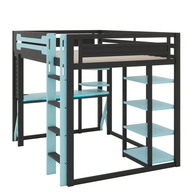 Full-Size Wooden Loft Bed With Desk, Shelves, Power Plug & USB/Type-C Ports, Plus RGB Lighting, Blue