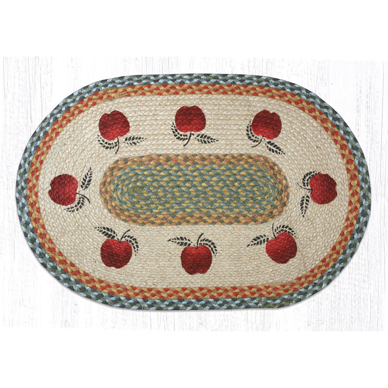  Apples Oval Braided Jute Tread 30" H Hand-Stenciled Farmhouse Accent Rug