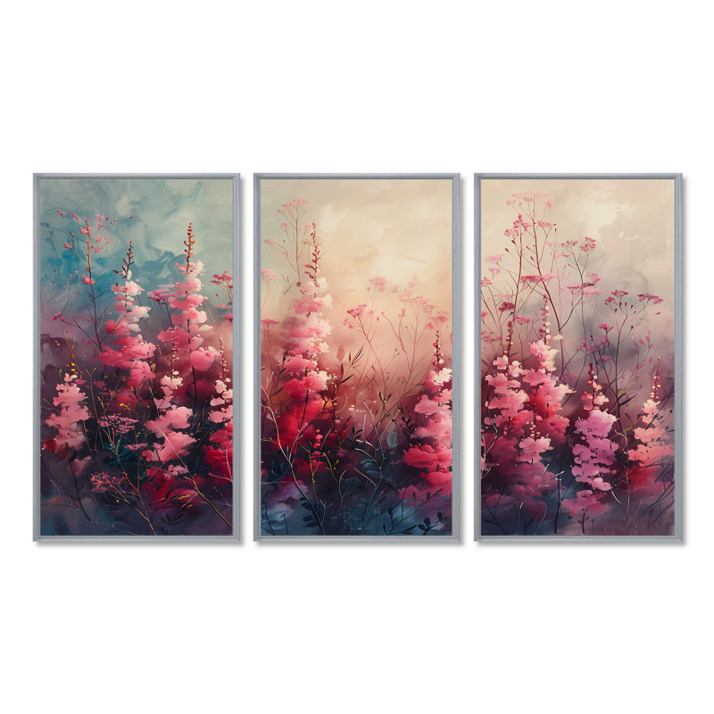 Lupin rose, fantaisie florale - ensemble de salon, Toile argentée avec cadre flottant, H 40 po x l 60 po x P 1 po