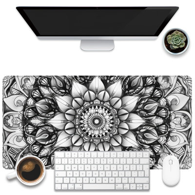 Large Gaming Mouse Pad for Desk, Black and White Mandala Desk Mat, Mandala Flower Desk Pad, Extended Big Computer Keyboard Mouse Pad with Non-Slip Base and Stitched Edge, 11.8 x 27.6 inComes with a pure white mug as a gift