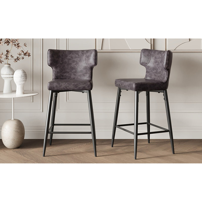 28 tabourets de bar à hauteur de comptoir de 28 po, de 2 chaises grises modernes avec repose-pieds en cuir de polyuréthane et métal rembourrés de mousse pour tabourets de 28 po (2), rembourrés et pratiques