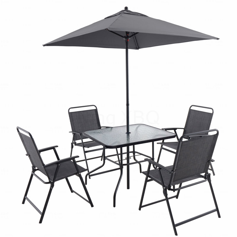 Ensemble de salle à manger d'extérieur noir pour 4 personnes, ensemble de table et chaises en métal avec parasol