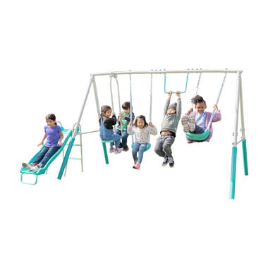  Sportspower Super Surfer Metal Swing Set with 6ft Slide,  Skyflyer Swing, Surfboard Swing, Standing Swing and Classic Sling Swing  with Slide : Toys & Games