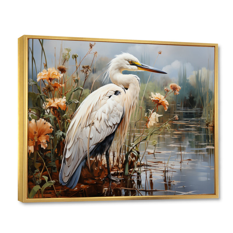 Héron pêche blanc, héron, art mural, H 12 po x l 20 po x P 1 po, Cadre flottant doré