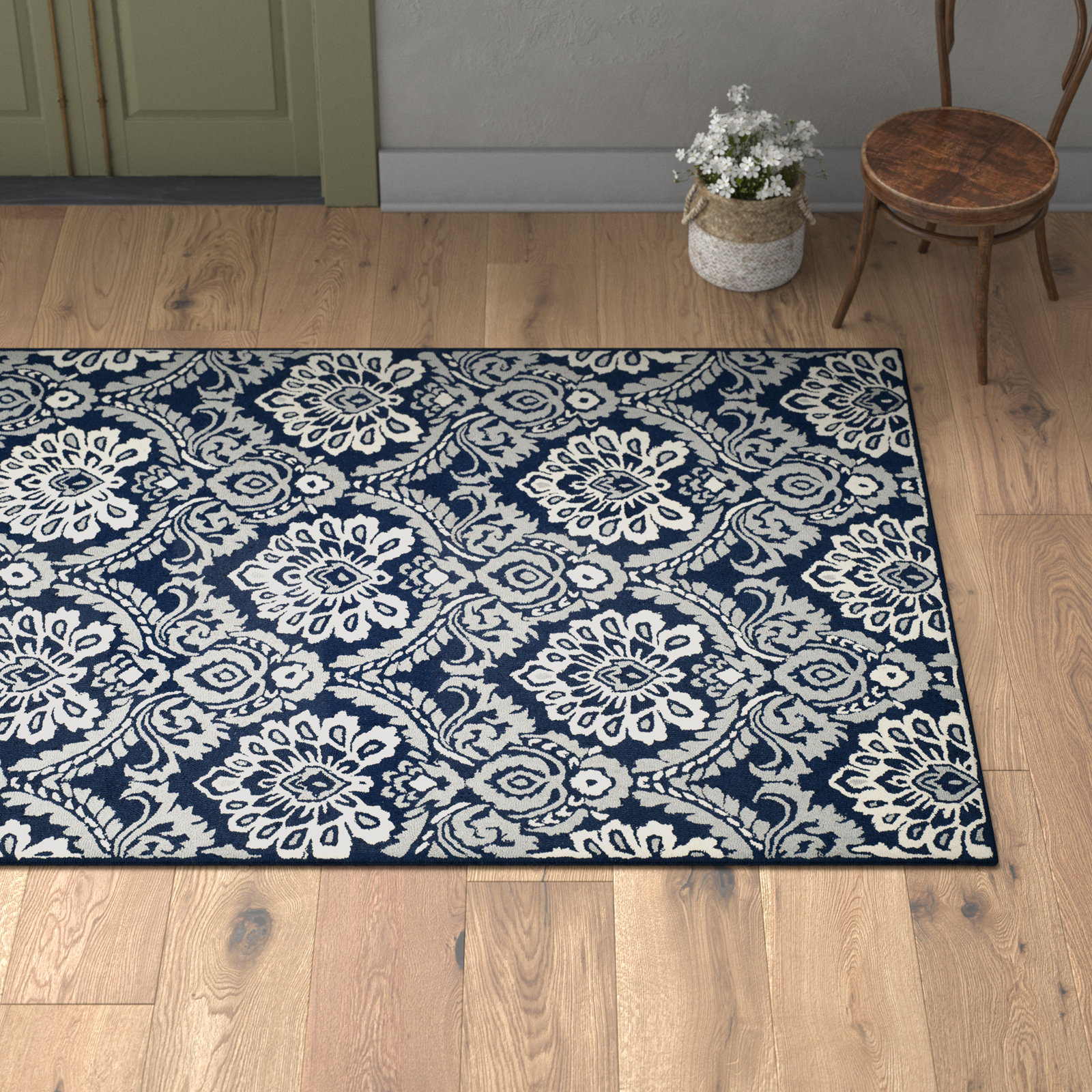 Tansy Navy Ivory Hand-Tufted Wool Rug, Rectangle 2' x 3'
