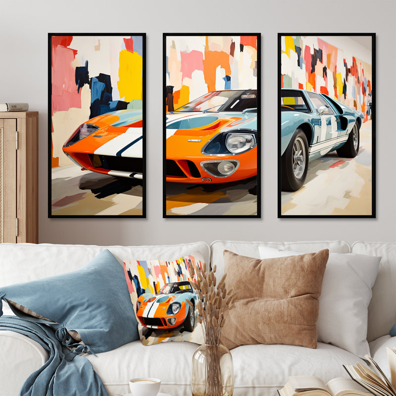 Orange orange, voiture de course American Gt - art mural, H 40 po x l 60 po x P 1 po, Cadre flottant noir