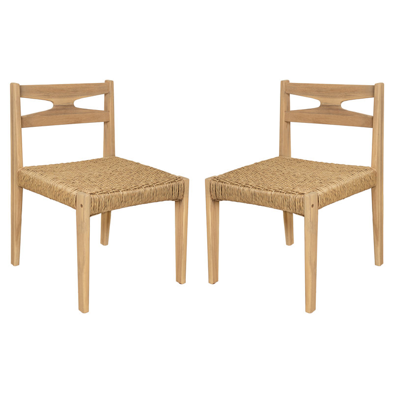 Chaises de patio en bois massif de style Mid-Century avec siège en osier tissé à la main Ziven, Teck clair