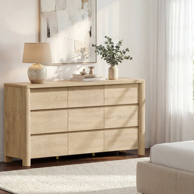 Abdullah Jarne 32.68" Natural Wood 9 Drawers Dresser Modern Dresser Chest For Bedroom Living Room, Natural Oak