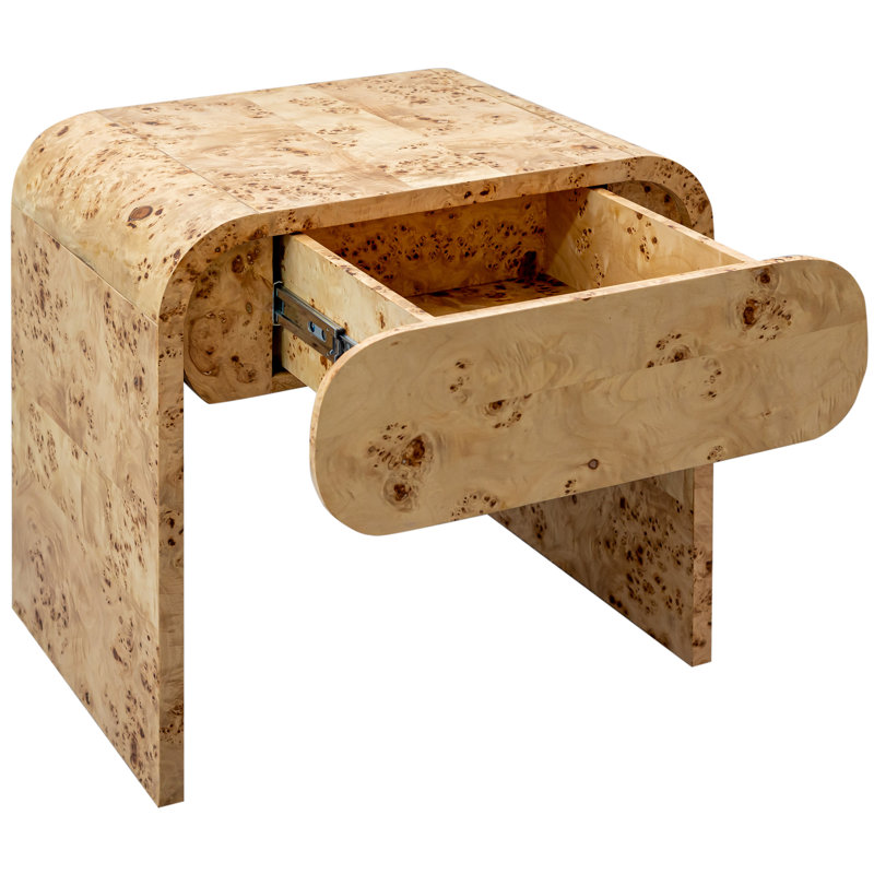 Burl Wood Curved Minimalist Nightstand with Single Drawer
