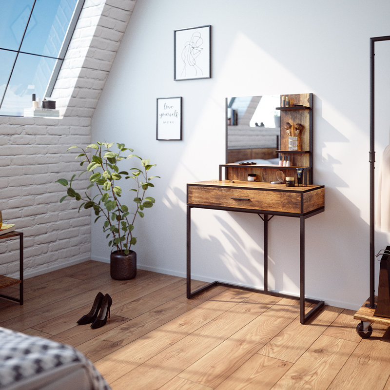 Fyrk Vintage Wood Dressing Table with Mirror