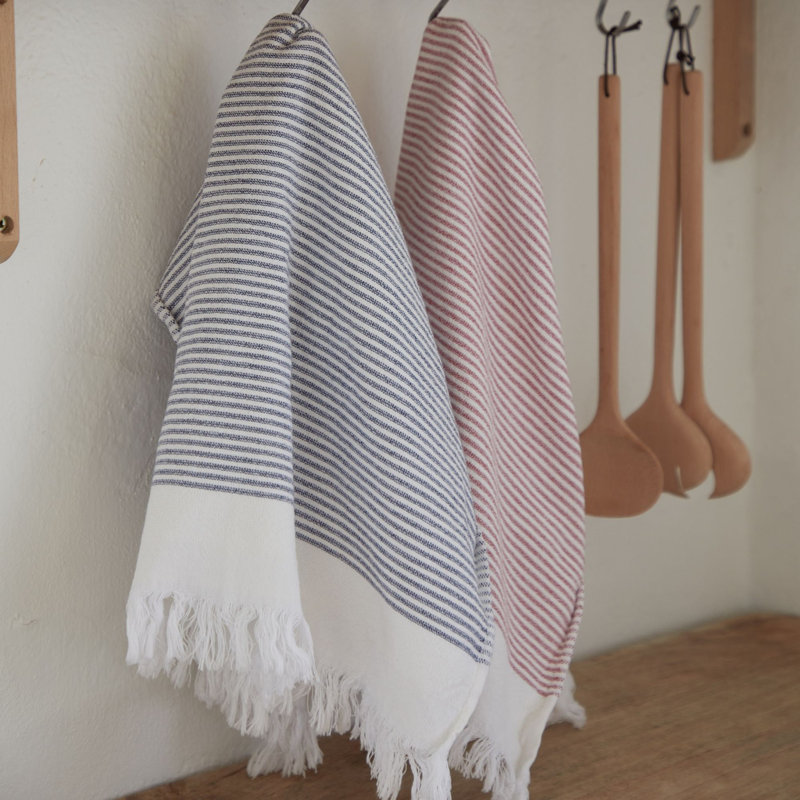 Terry Stripe Waffle Dish Cloth Kitchen Towel, White/Classic Red
