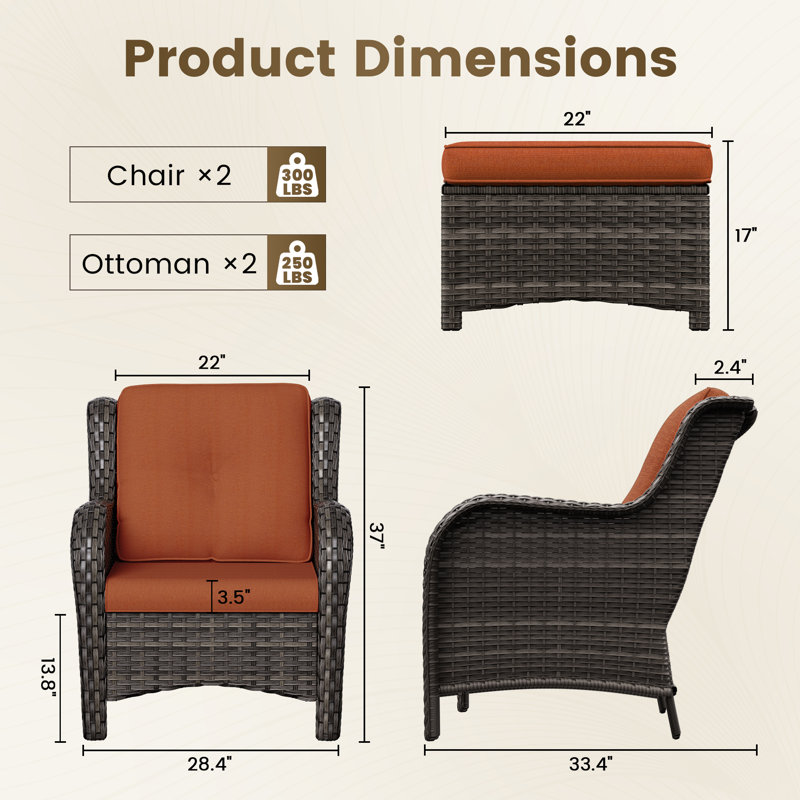 Ensemble de conversation pour 2 personnes en polyéthylène (PE) avec 2 chaises et 2 repose-pieds, Orange