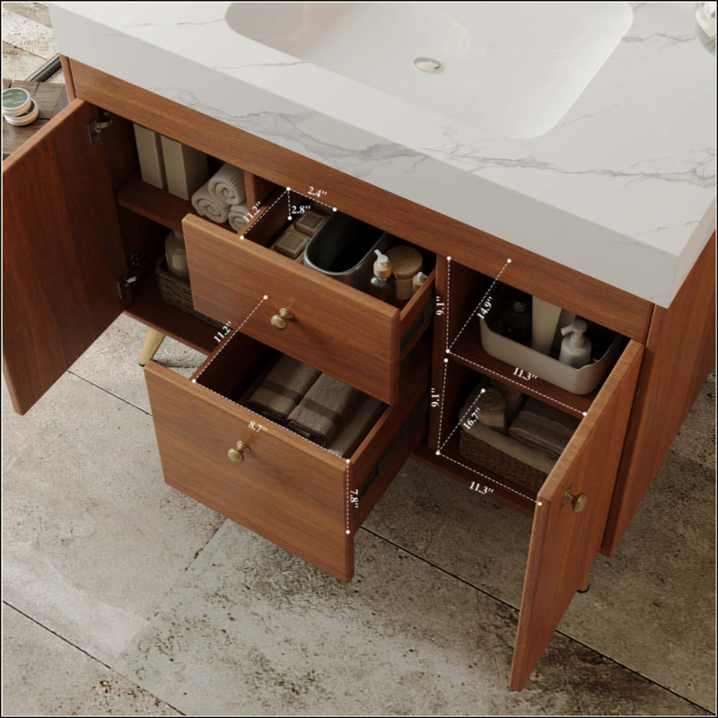 Meuble-lavabo autoportant moderne avec plateau en pierre frittée, lavabo en céramique et rangement intelligent, Brun, White
