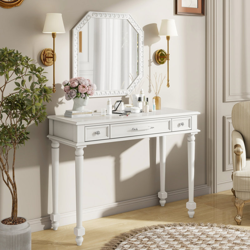 Retro Dressing Table With Octagonal Mirror And Jewelry Tray, 3 - Drawer Console For Bedroom, Bathroom Or Foyer, Glossy Lacquer Finish Vintage Vanity Frame Storage, Perfect Surface