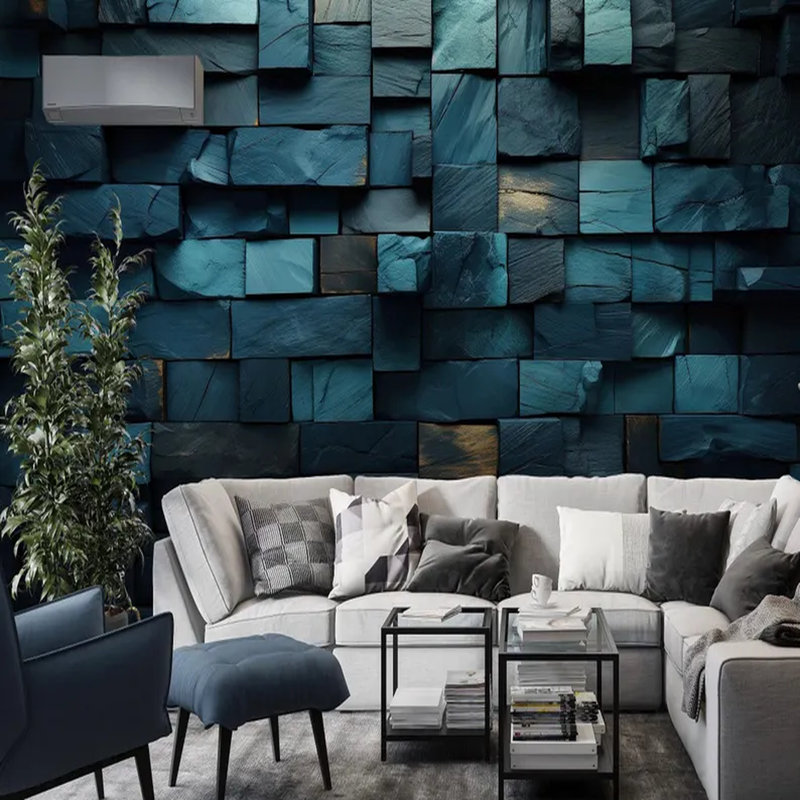 Papier peint moderne en blocs de pierre bleu sarcelle 3D - Conception de panneau mural géométrique abstrait dans des tons océaniques profonds