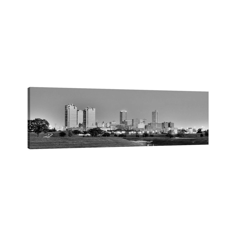 Fort Worth Panoramic Skyline Cityscape (Black & White - Evening) - Wrapped Canvas Panoramic Print