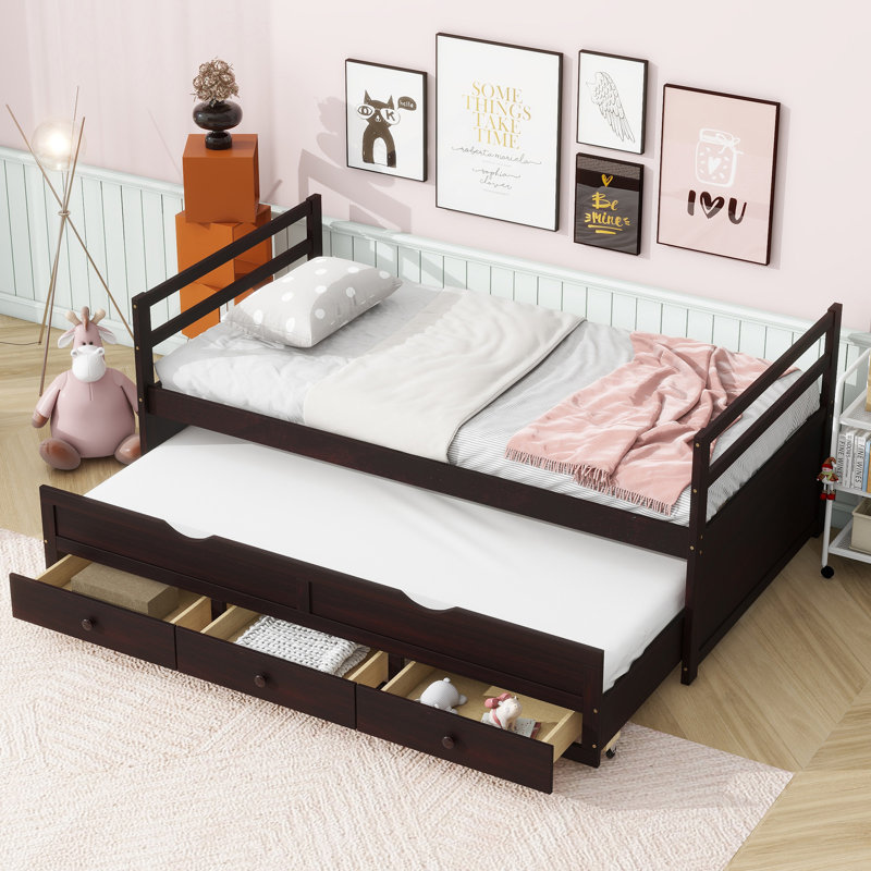 Bed With Headboard, Footboard, Trundle And Three Storage Drawers, Pine Wood Bed With Headboard, Footboard, Espresso
