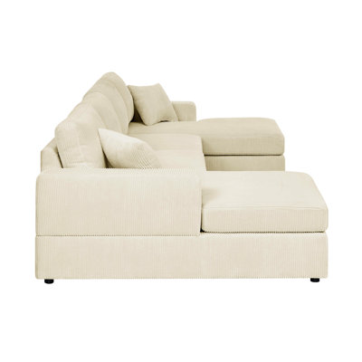 Cream Corduroy 3 - Piece Double Chaise Sectional, 4 Comfortable Seating Positions, Square Arms, And Removable Cushion Covers 3 Sectional With Seats, Engineered Wood Frame, Foam-Filled Cushions,