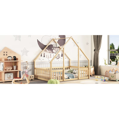 Lit en bois en forme de maison en pin naturel pour une nuit complète stable et reposante avec barrière de sécurité