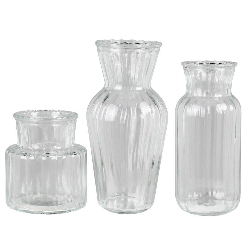 Fluted And Frilled Vases, Glass - Set/3  Sm: 3X3x3.05, Med: 2.25X5.25, Lrg: 3X3x6