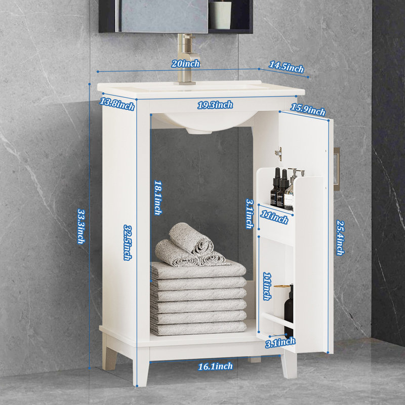 Petit meuble-lavabo moderne avec lavabo en céramique et beaucoup de rangement, Blanc