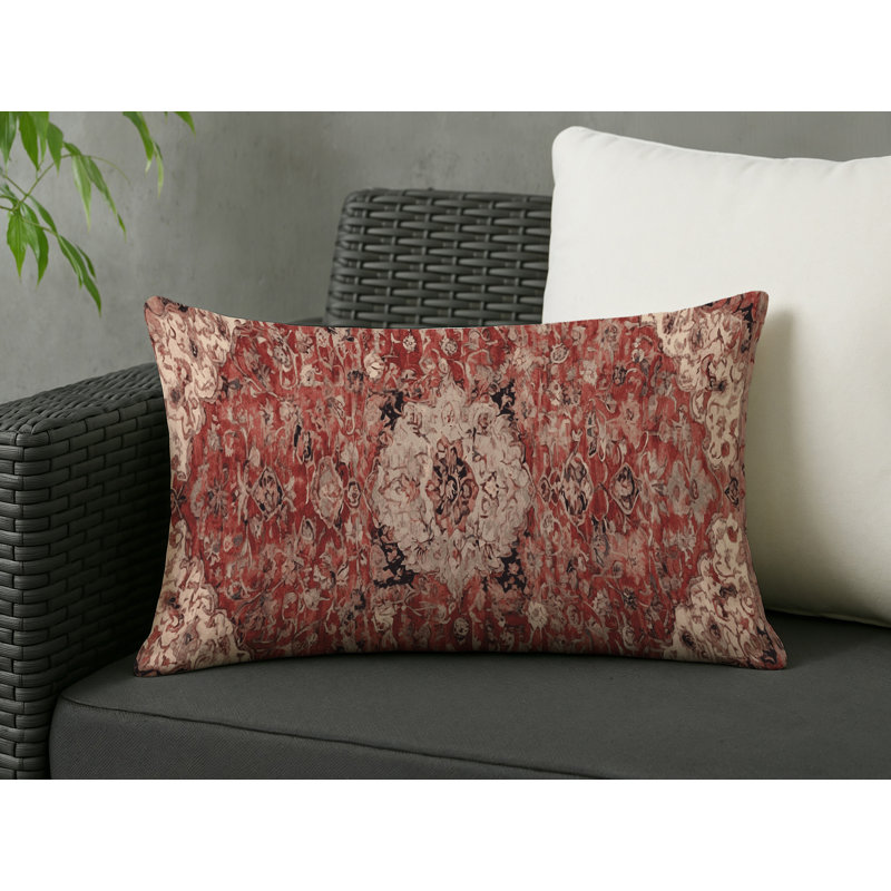 Coussin décoratif intérieur et extérieur Modern, Rouge rouille / crème / damas noir 1, Rectangle H 25 po x l 18 po