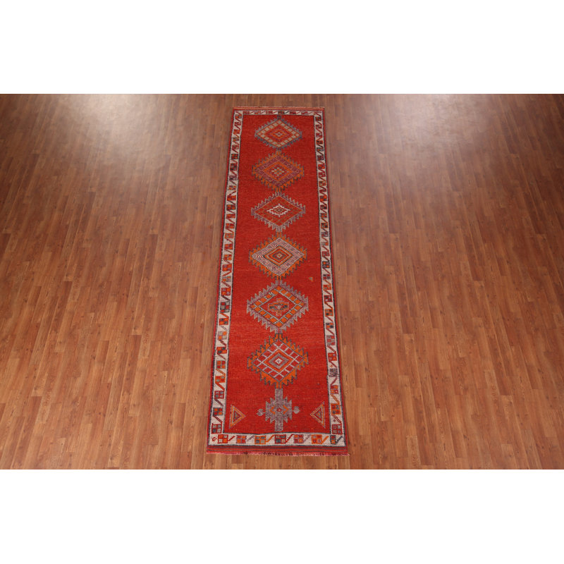 Geometric Wool Oushak Turkish Runner Rug 3x12
