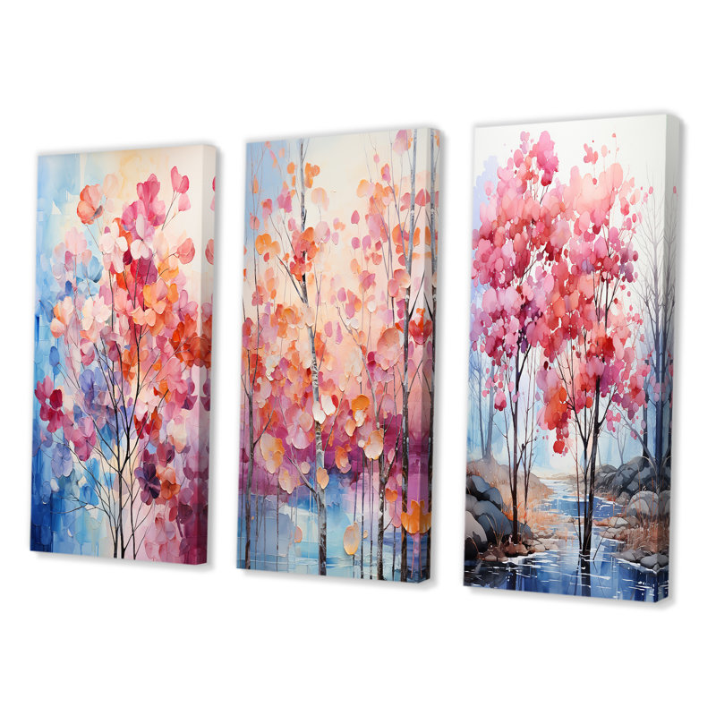 «Pink and Blue Trees Field Pointillism VI», 3 pièces sur toile, Toile tendue, H 28 po x l 36 po