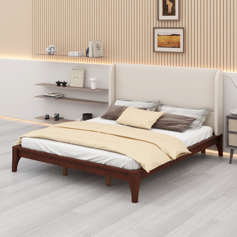 Lit plateforme moderne en bambou avec tête de lit tapissier et support à lattes de bois, Chocolat