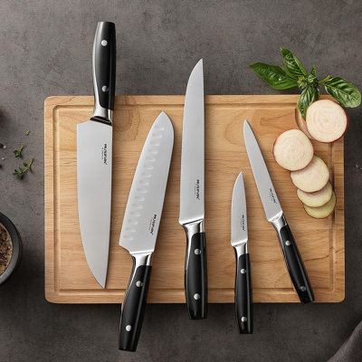 Ensemble de couteaux allemand en acier inoxydable avec bloc - pales en acier poli miroir, lavable au lave-vaisselle, poignée ergonomique antidérapante, ensemble de couverts de cuisine professionnel