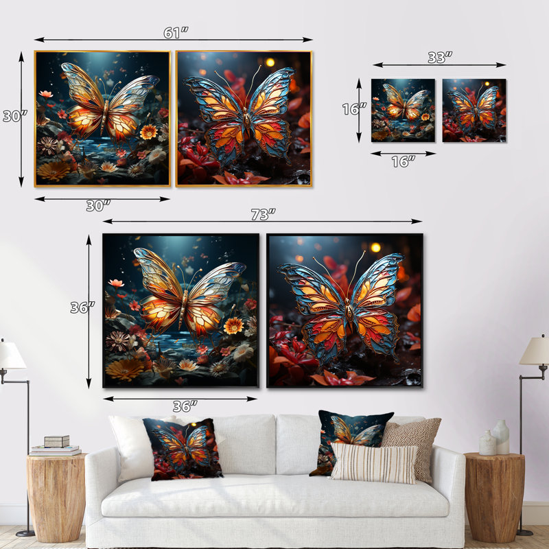 Butterfly Fantasy Flight - Ensemble de 2 insectes et insectes carrés, Cadre flottant noir, H 30 po x l 61 po
