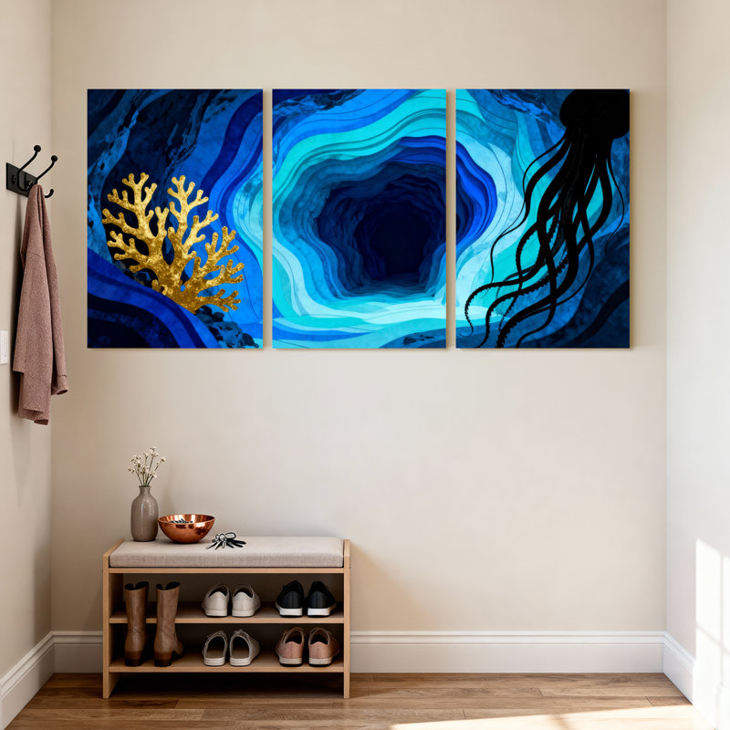 Blue Ocean Waves, corail, poulpe, ensemble de 3 impressions sur toile, H 18 po x l 36 po