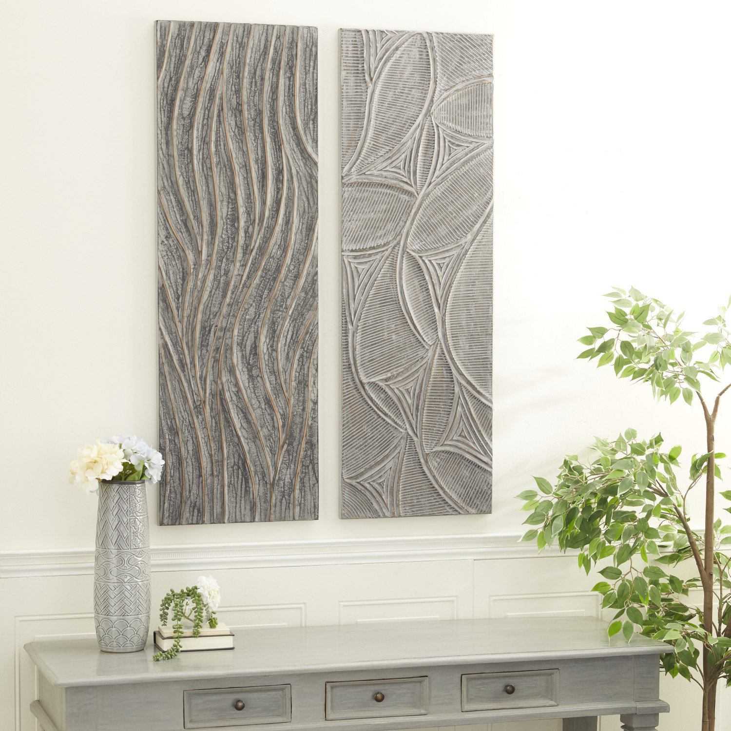 Gray Wood Intricately Carved Leaf Wall Decor Set of 2