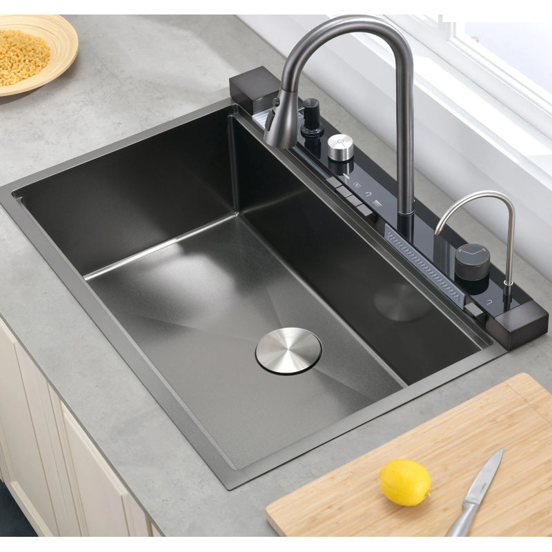 Robinet de lavabo de cuisine 33 po x 22 po à arc noir multifonctionnel avec douchette rétractable, sur comptoir
