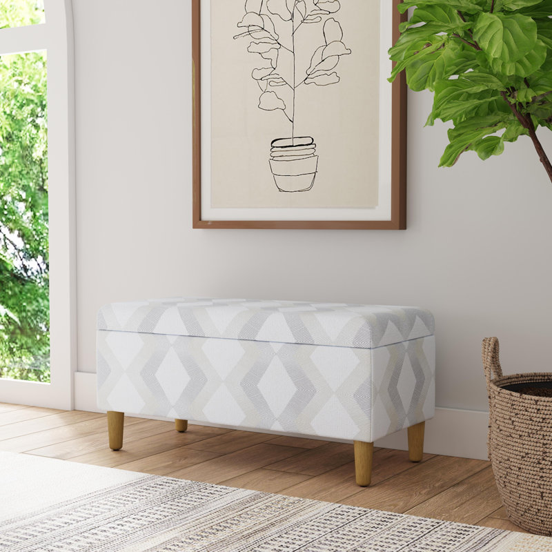 Besart Upholstered Storage Bench, Cream/Gray Chevron, Natural Wood